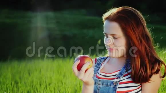 红发少年在野餐时吃一个多汁的红苹果一个风景如画的地方一片绿色的草地美丽的眩光从视频的预览图
