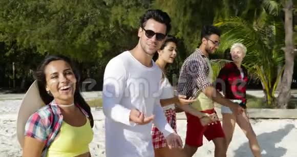 人们在海滩上镜头漫步在海上度假时将男女游客混合在一起视频的预览图
