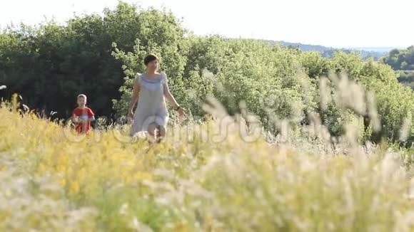 一个阳光明媚的夏天在一个村庄一个女人带着一个孩子在草地上休息视频的预览图