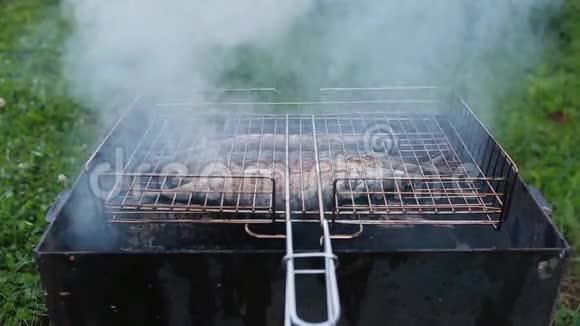 在烤架上煮三只鲭鱼视频的预览图