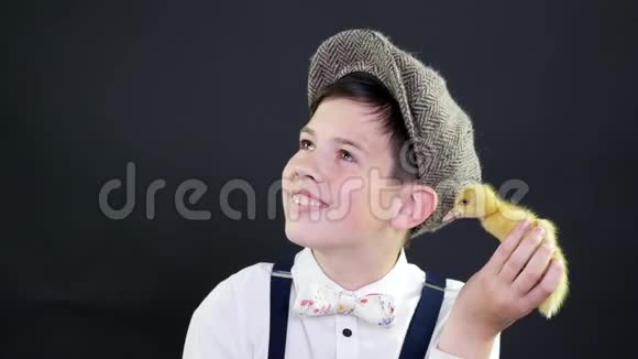 肖像一个戴着帽子和吊带的漂亮男孩和一只黄色的小鸭子玩专题装饰的工作室视频视频的预览图