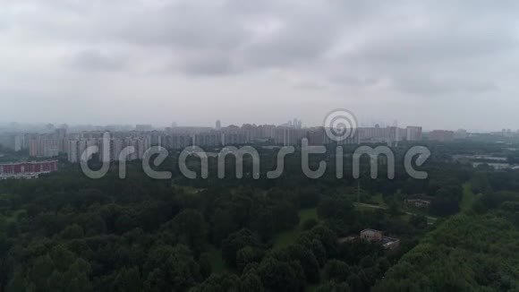 在雾天飞越公园和城市视频的预览图