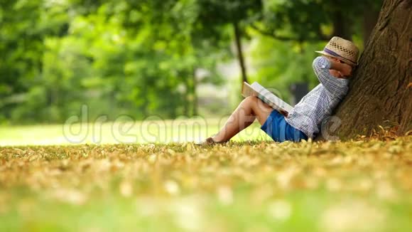 小男孩坐在一棵大树脚下看书视频的预览图