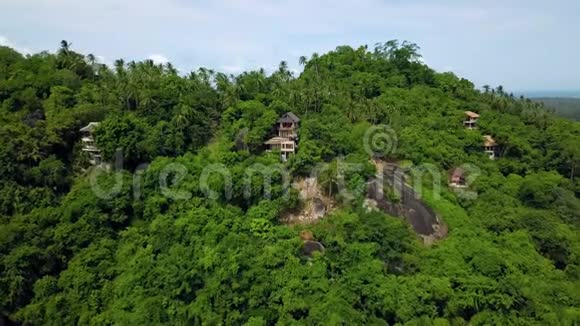私人隐居别墅在热带岛屿在偏远的位置绿色棕榈树鸟瞰图视频的预览图