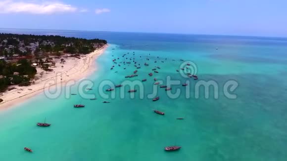 在绿松石热带岛屿海洋航行的小型旅游船豪华游艇船上令人惊叹的无人机空中景色视频的预览图