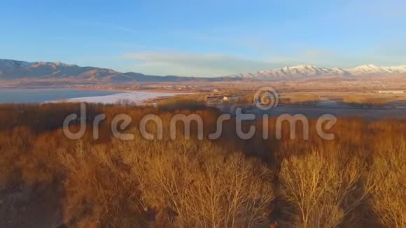 鸟瞰树林农场田野城市和远处雪山视频的预览图