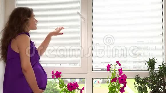 美丽的孕妇透过窗户看着百叶窗视频的预览图