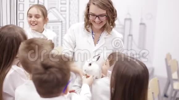 学校的孩子们在生物课上抱兔子视频的预览图