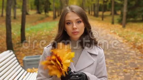 迷人的女孩带着一束黄叶站在公园里微笑着视频的预览图