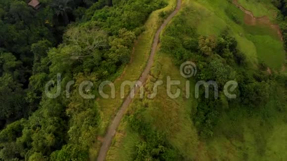 空中拍摄的艺术家步行坎布汉岭步行在乌布村在巴厘岛山顶上的步行道视频的预览图