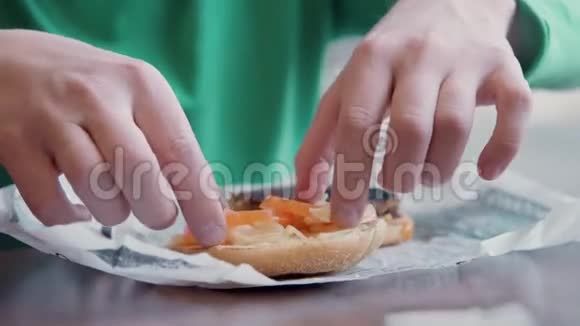 做汉堡包一块黄瓜上面有切条奶酪番茄视频的预览图