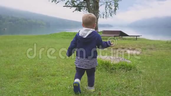 小男孩走在山湖附近在大自然中奔跑嬉戏视频的预览图