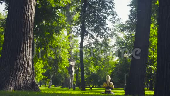 年轻女子坐在帕德马萨纳靠在树上视频的预览图