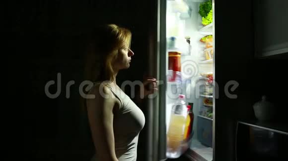 女人晚上打开冰箱夜间饥饿饮食吃蛋糕视频的预览图