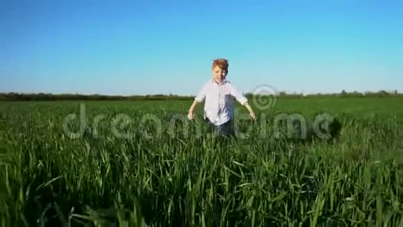 一个小男孩跑过田野斯坦迪卡姆起飞了慢动作视频的预览图