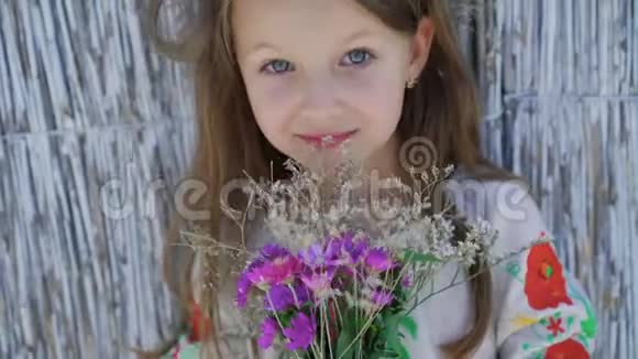 明亮海湾酒吧一个蓝眼睛的小女孩对着镜头微笑4公里视频的预览图