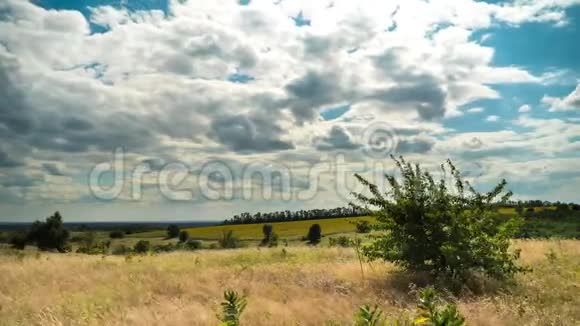 在蓝蓝的天空中移动的云在景观田野之上时光流逝令人惊叹的乡村山谷乌克兰视频的预览图