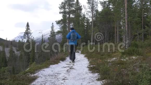 旅行者沿着山涧走一条森林小径他探索新的路线主动出行健康生活视频的预览图
