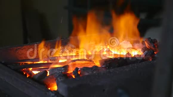 铁匠在火中锻造铁并修正煤视频的预览图