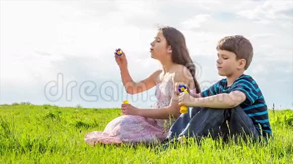 两个孩子在草坪上吹肥皂泡视频的预览图