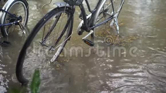 自行车站在深水坑里泰国曼谷的暴雨洪水灾难气候变化后的暴雨视频的预览图