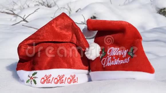 在白雪上戴两顶圣诞红帽子视频的预览图