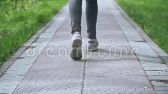 跑鞋女孩的腿在跑运动员穿着运动鞋在夏季公园跑步视频的预览图
