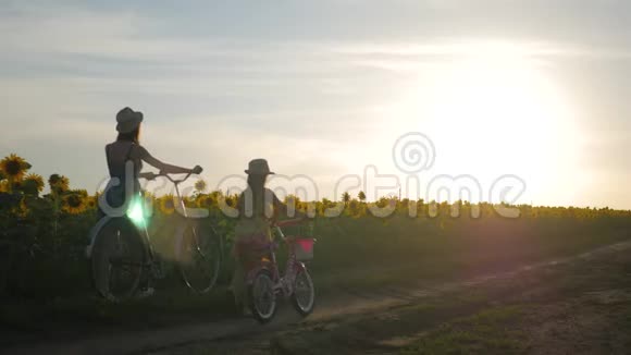 家庭在大自然中骑自行车妈妈和女儿骑自行车在向日葵的田野上戴帽子的母女视频的预览图