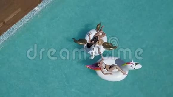 空中女孩在游泳池里游泳两个朋友躺在充气床垫和日光浴上在炎热的海上度假视频的预览图