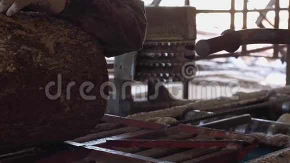 木工厂机器上运行金属圆锯的木材原木视频的预览图