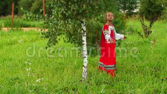 在桦树附近穿着传统服装的女孩视频的预览图