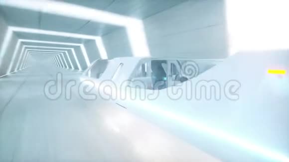 未来派飞行巴士与人民快速驾驶在SCIFI隧道科里多未来的概念现实的4k动画视频的预览图
