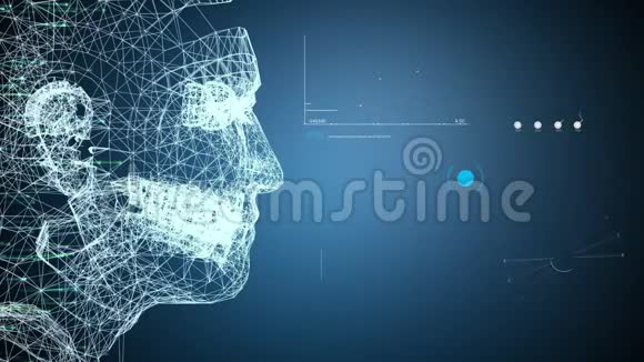 未来学网格人类人工智能和VR脸与数据库HUD扫描信息的蓝色背景虚拟现实技术视频的预览图