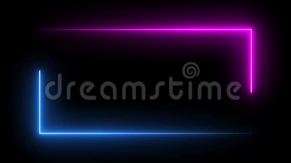 方形矩形画框与两个色调霓虹灯彩色运动图形上的孤立黑色背景蓝色和粉红色的光在移动视频的预览图