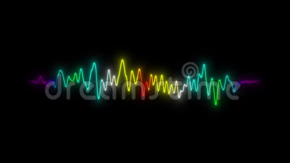 在孤立的黑色背景上五颜六色的发光霓虹波形脉冲振幅光彩虹音频和声波数字收音机视频的预览图
