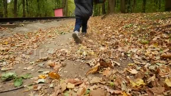 一个孩子走过秋天的森林女孩踢起黄叶视频的预览图