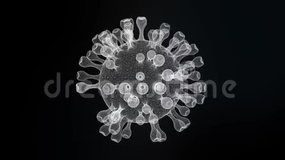 关闭黑色背景上旋转的发光流感病毒蓝色抽象线框网格冠状病毒科学和医学视频的预览图