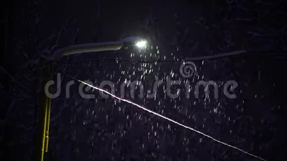 在无灯照明的路灯下下雪视频的预览图