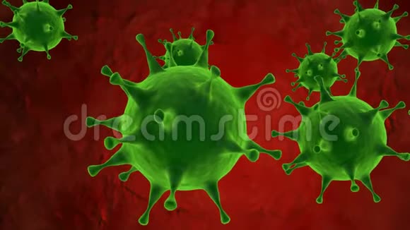 红色背景上的绿色冠状病毒动画身体内部2019nCOV视频的预览图