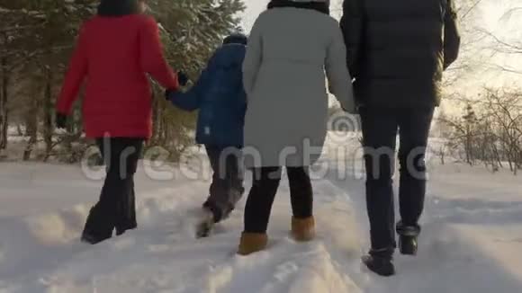 一家人在雪地森林里散步视频的预览图