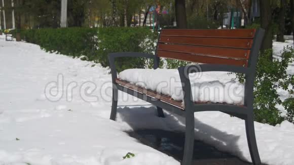 四月天气异常绿色巴士背景下的公园里铺着雪的长凳视频的预览图