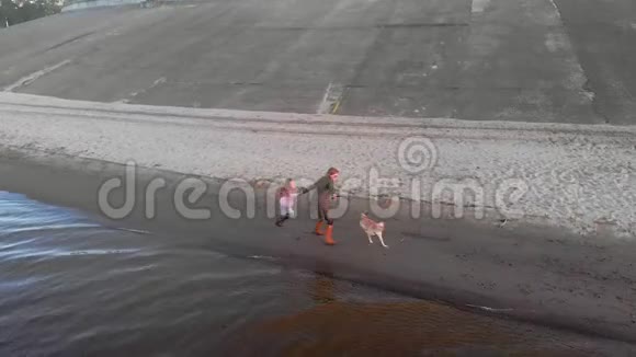 妈妈和女儿快跑在河边的海滩上和一只棕色的狗拉布拉多玩空中拍摄视频的预览图