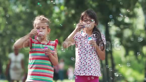 孩子们在夏天的公园里玩两个小女朋友做肥皂泡和微笑姐姐和妹妹视频的预览图