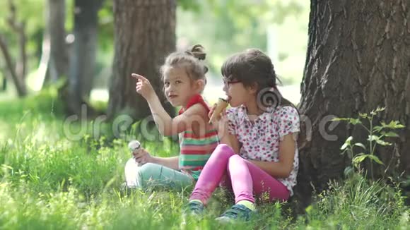 姐妹们坐在夏天公园的草地上吃冰淇淋快乐无忧无虑的童年视频的预览图