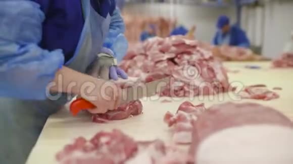 肉制品厂割猪肉的屠夫视频的预览图