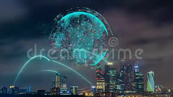 智慧城市和通信网络理念夜晚的城市时光流逝与未来的电信元素视频的预览图
