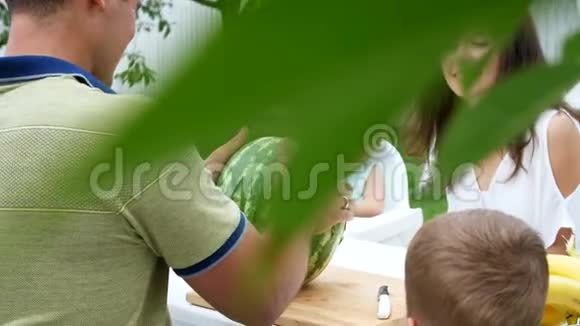 一个年轻的家庭有两个小有趣的孩子坐在花园的餐桌上在夏天爸爸切了一大块视频的预览图