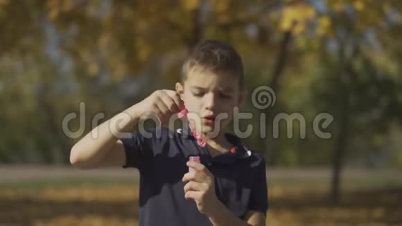 那个男孩在公园里吹肥皂泡的肖像孩子在户外玩耍视频的预览图