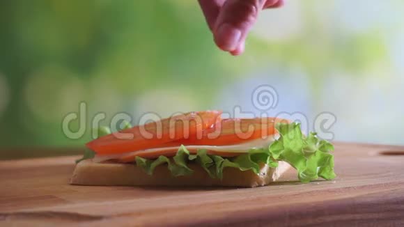 女子的手盐三明治户外慢动作视频视频的预览图
