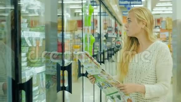 年轻的高加索女人买食物阅读报纸广告折扣然后从冰箱里取出产品视频的预览图